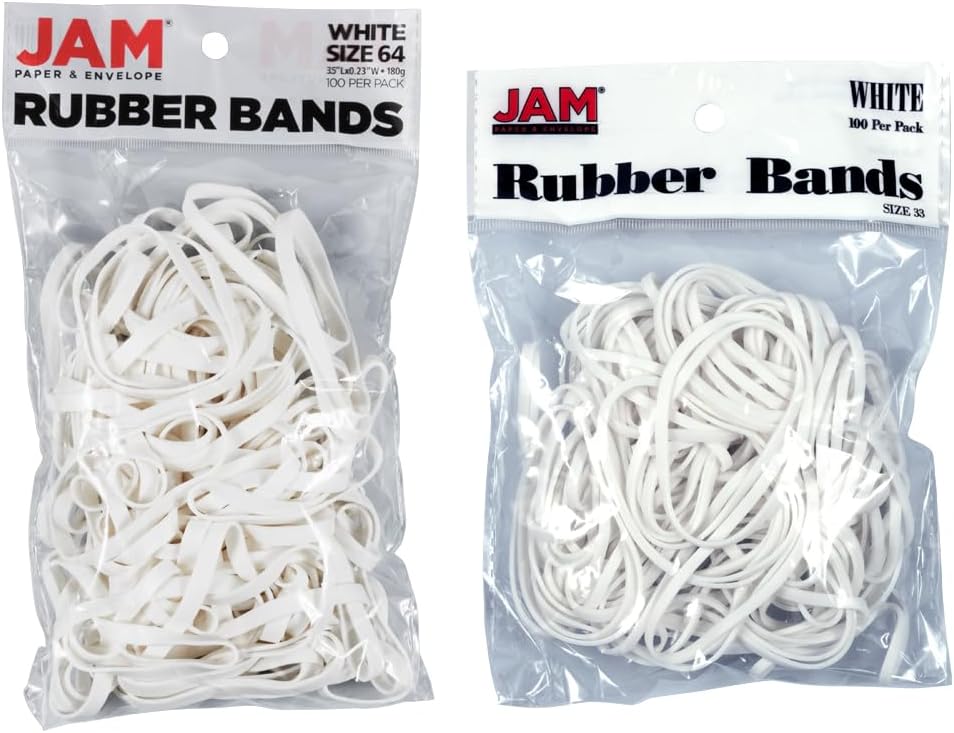 JAM PAPER Colorful Rubber Bands - Sizes 33 & 64 Set - White Multi-Purpose Rubberbands - 200/Pack