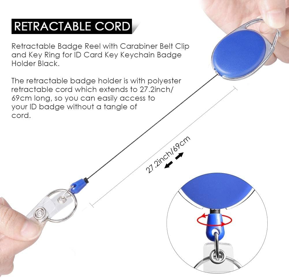Retractable Badge Holder with Carabiner Reel Clip and Key Ring for ID Card Key Keychain Holders Blue 10 Pieces