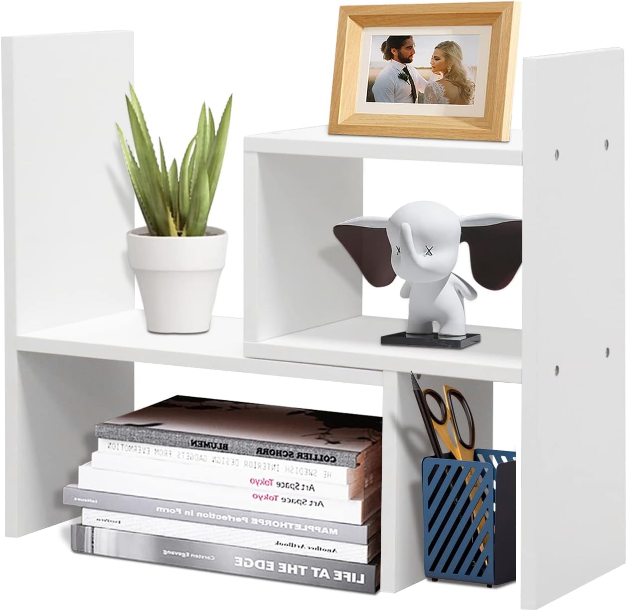 TY ARTS & CULTURE - Expandable Wood Desktop Storage Organizer Multipurpose Desk Bookshelf Display Shelf Rack Counter Top Bookcase for Office Home | Pure White
