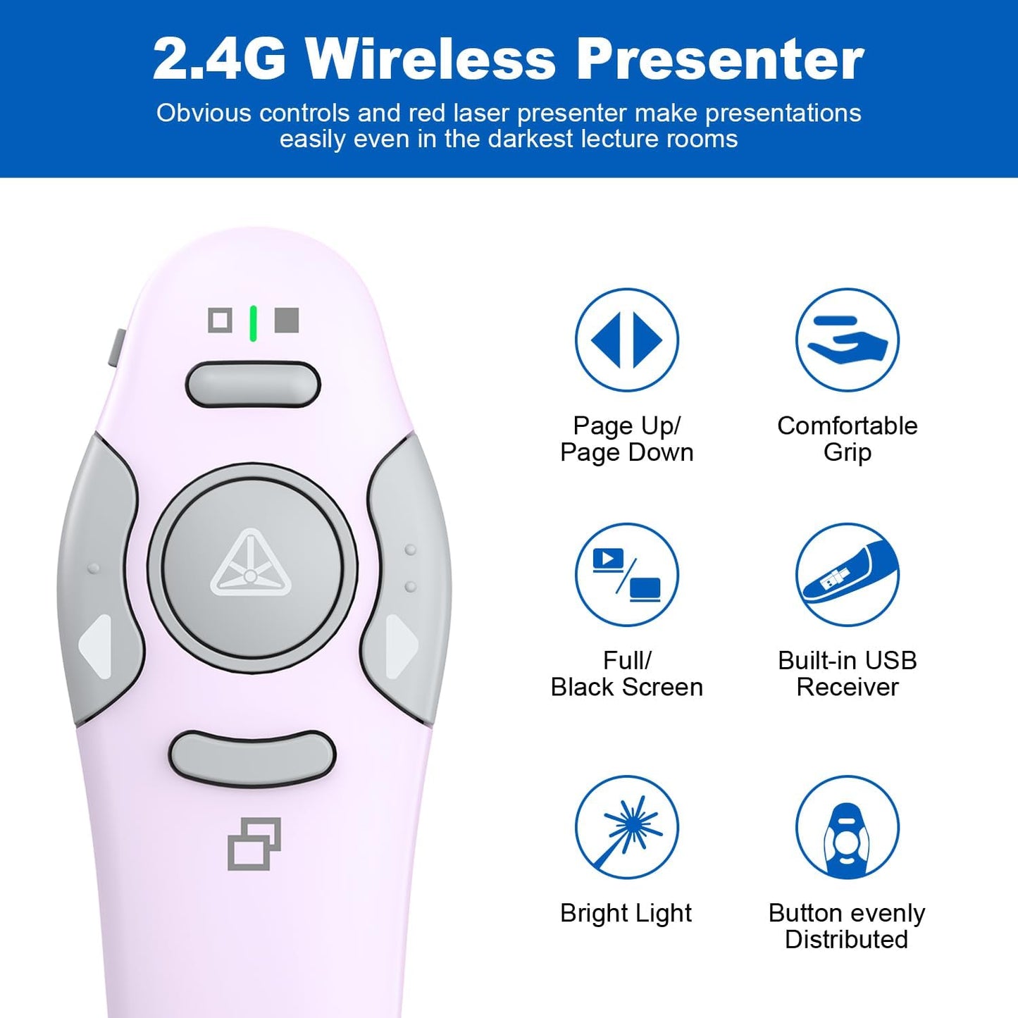 QUI Presentation Clicker Wireless Presenter Remote Clicker for PowerPoint Presentation Remote, PowerPoint Slide Advancer for Mac/Windows/Google Slide/Keynote, USB, Purple