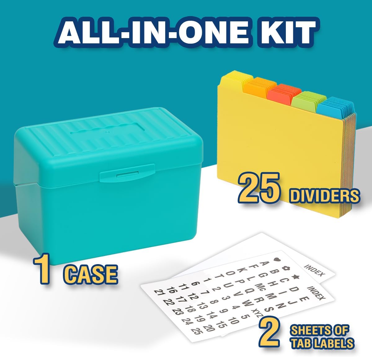H4D Index Card Holder 4x6 Inches with 25 Plastic Dividers, Teal