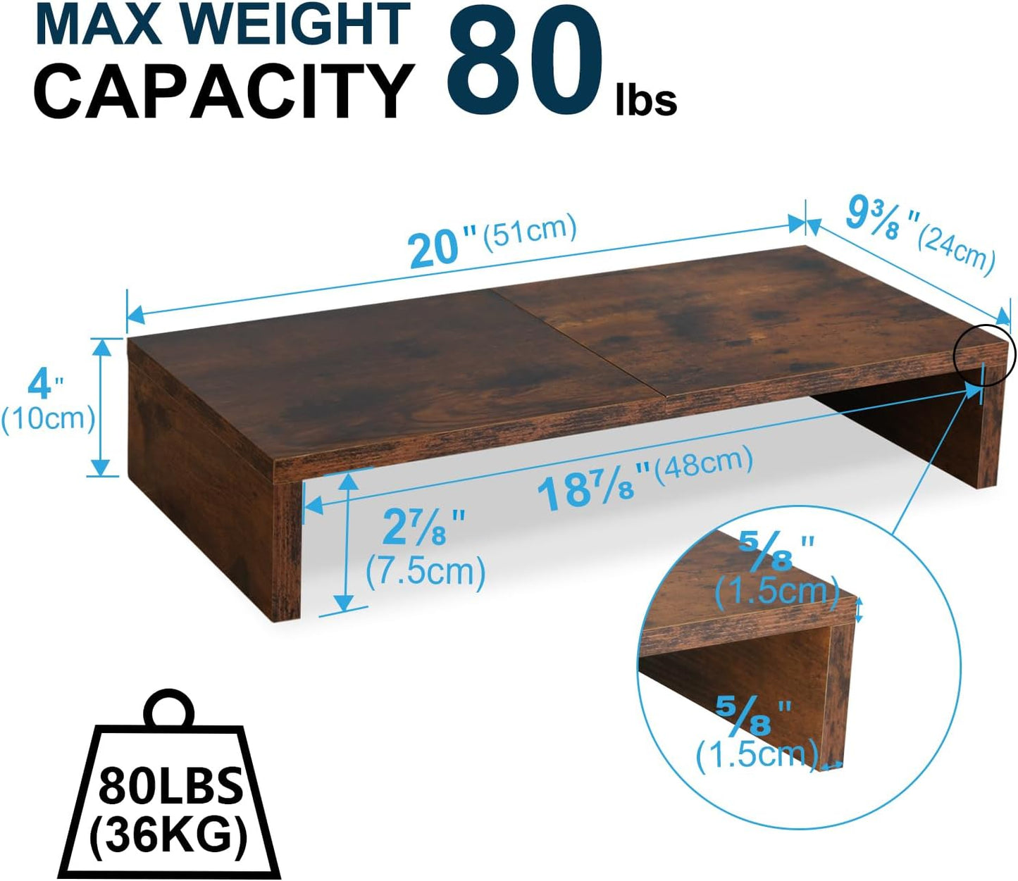 TEAMIX 20 Inch Monitor Stand Riser, Wooden Desktop Riser for TV/PC/Laptop/Printer, Rustic Brown Monitor Riser with Storage, Computer Stand Keyboard Organizer