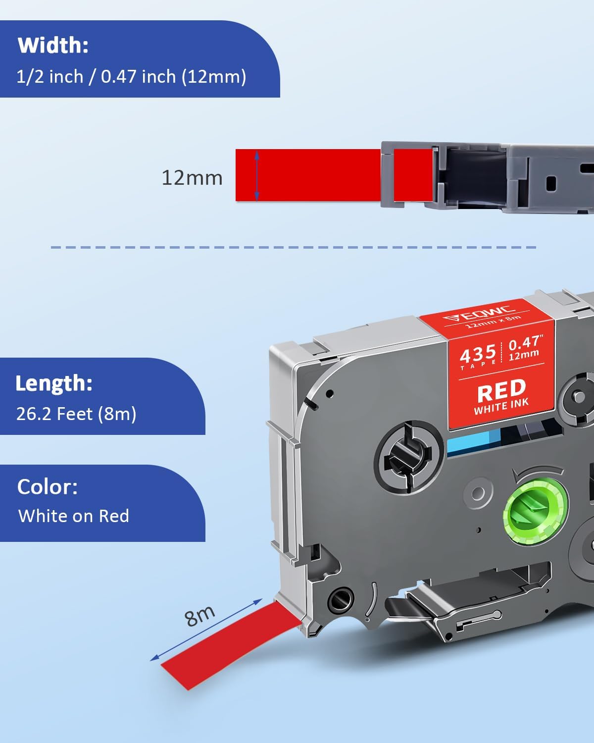 Tz Tape Tz-435 White on Red Label Tape Compatible for Brother Tze-435 Tze435 12mm 0.47 Laminated Tze 1/2 Refill Work for Brother Label Maker P-Touch PT-D210 PT-H110 PT-D220 PT-D200 PT-D400 PT-1080