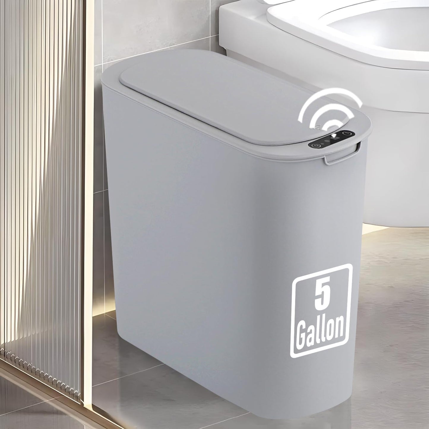 5 Gallon Motion Senor Bathroom Trash Can with Lid, Automatic Garbage Can Touchless, Smart Plastic Waste Basket for Narrow Spaces, Bathroom, Office, Bedroom, Living Room (Gray)