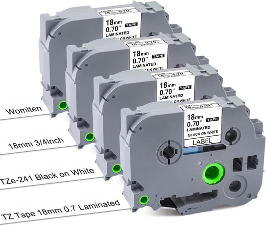 TZe Tz Tape 18mm 0.7 Laminated White Compatible for Brother Label Maker, 3/4 inch P-Touch TZe-241 TZc-241 Refills for Ptouch PT-1890 PT-D600 PT-D400 D410 PT-1880, Black Ink on White, 4 Pack