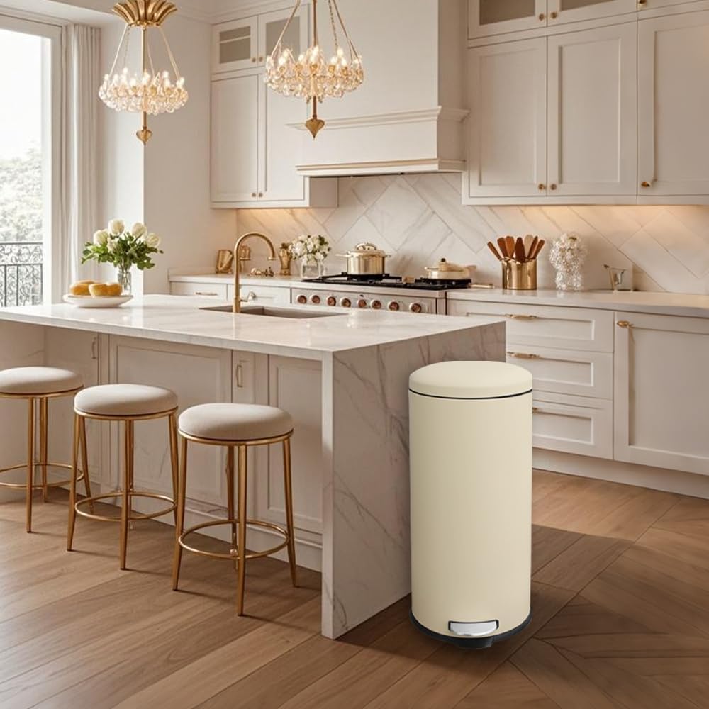 8 Gallon Trash Can, Tall Round Stainless Steel Garbage can with Removal Inner Liner, Soft Close lid, Step on Pedal Trash bin for Kitchen, Office, Living Room or Bathroom, Cream