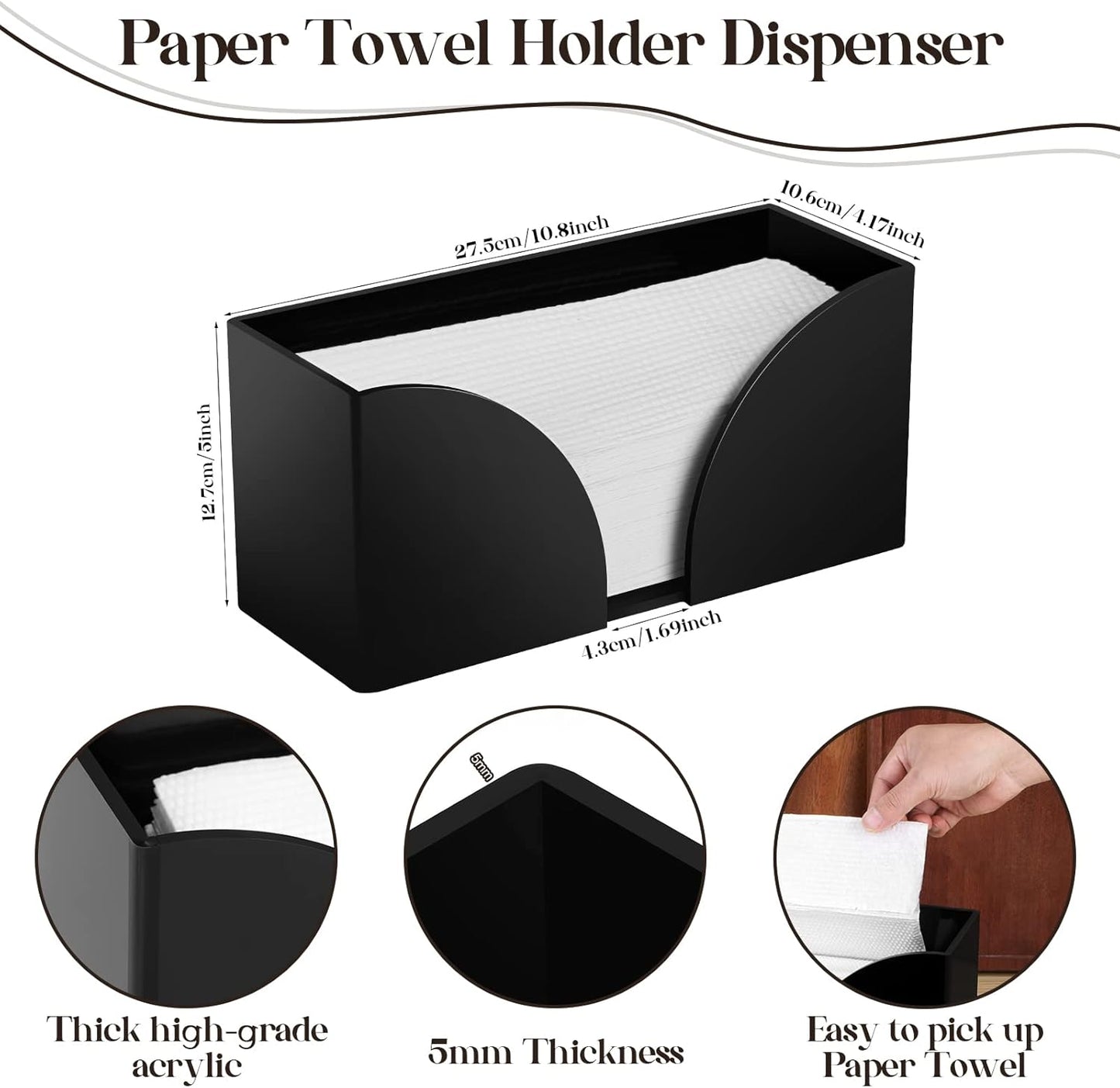 Paper Towel Dispenser Countertop Black Acrylic Paper Towel Holder for Bathroom Folded Paper Towel Dispenser Clear Trifold Napkin Holder for Z-fold, C-fold, MultiFold Trifold - Home Kitchen