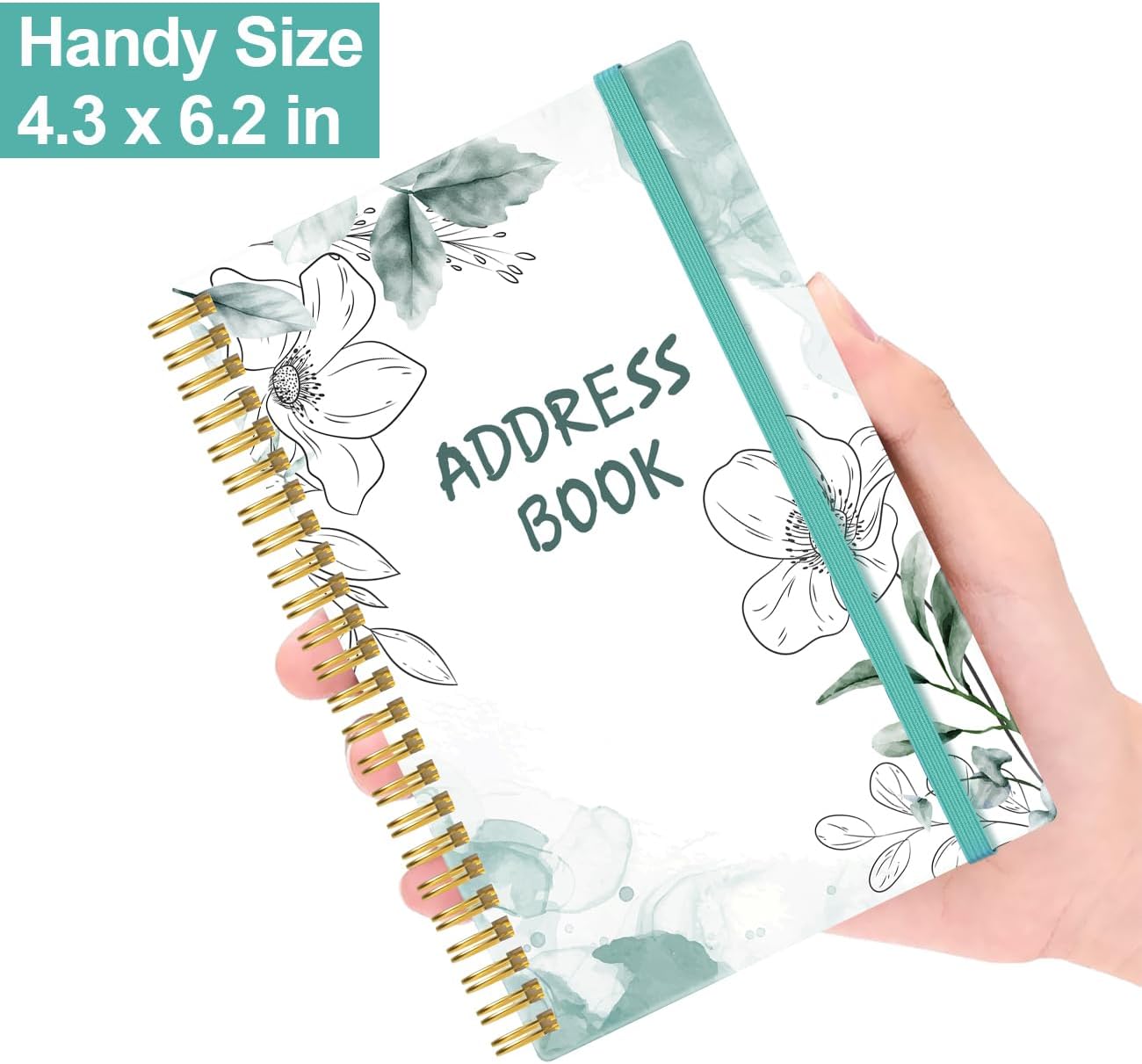 Address Book with Alphabetical Tabs - Small Address Book Spiral with Address Contacts, Special Date, Phone, Birthday & Internet Login Password for Home and Office, 4.3" x 6.2", Teal Flowers