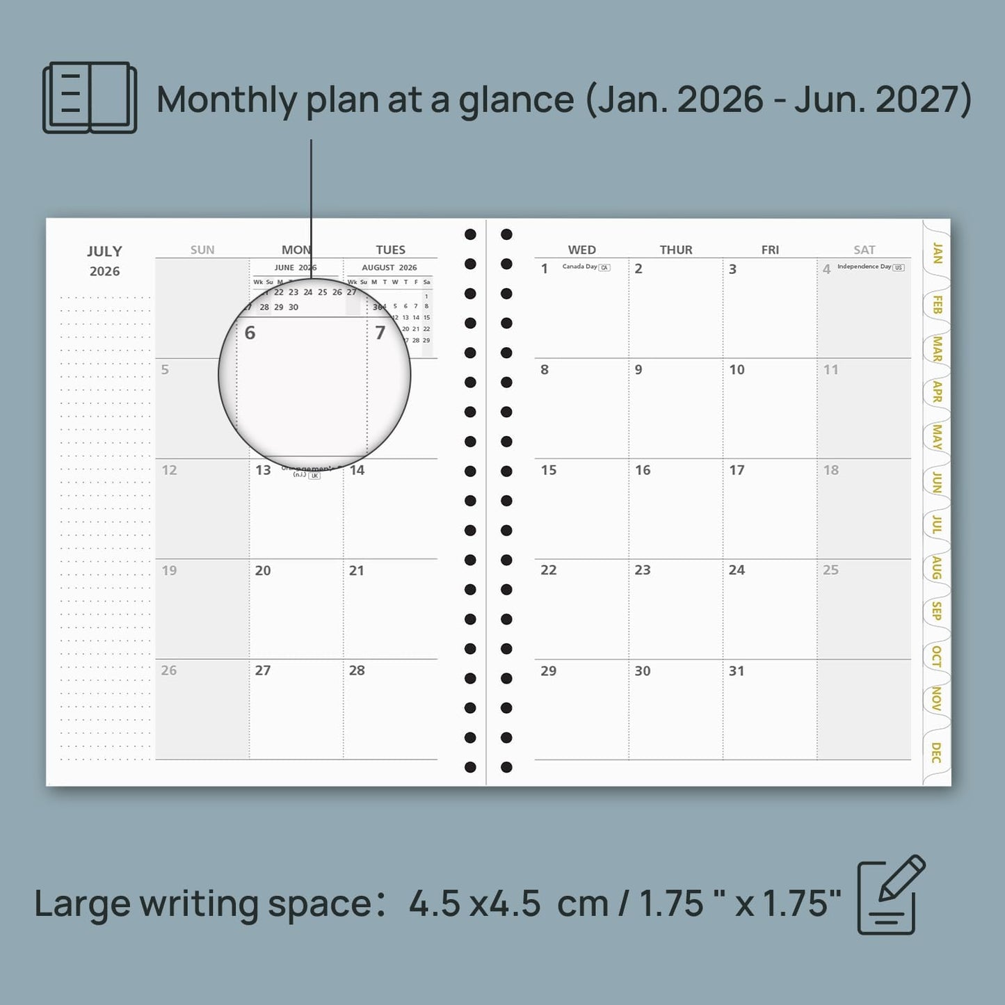 POPRUN Monthly Planner 2026-2027 Spiral Hardcover (8'' x 10''), 18 Months Calendar (Jan.2026-Jun.2027) - 2 Pages per Month with Dotted Note Pages, Sunday Start, Laminated Tab - Haze Blue