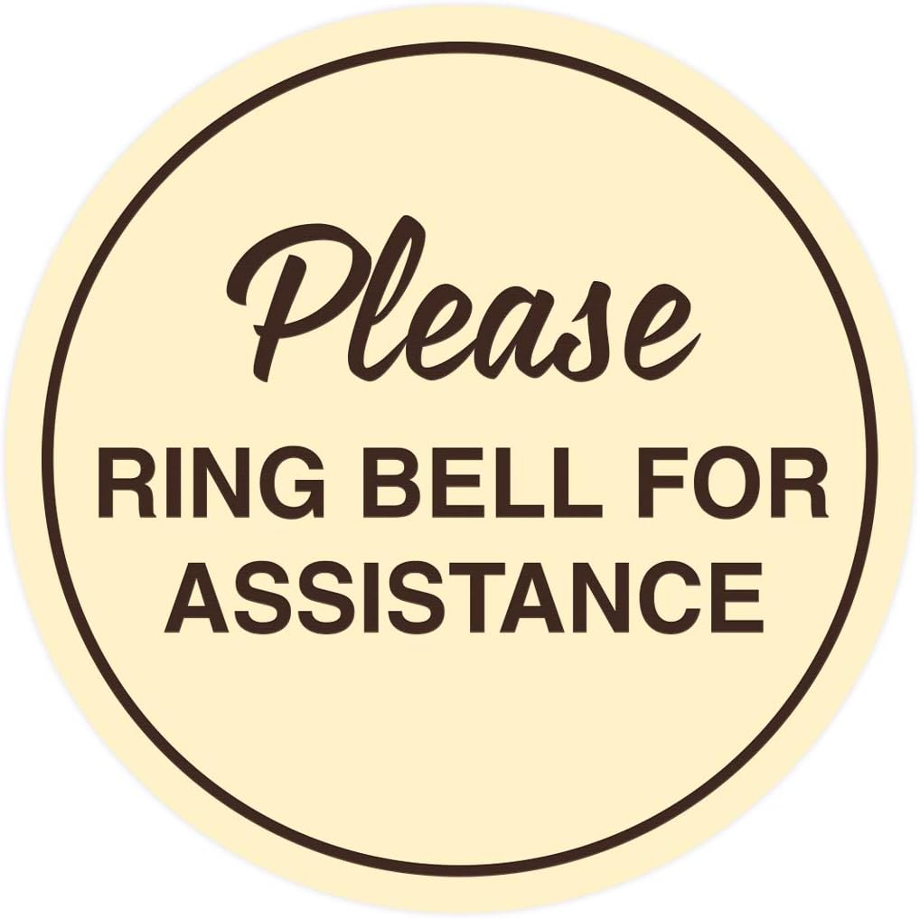 Signs ByLITA Circle Please Ring Bell For Assistance Wall or Door Sign | Easy Installation | Front Desk Reception Sign (Ivory/Dark Brown) - Large (10 Pack)