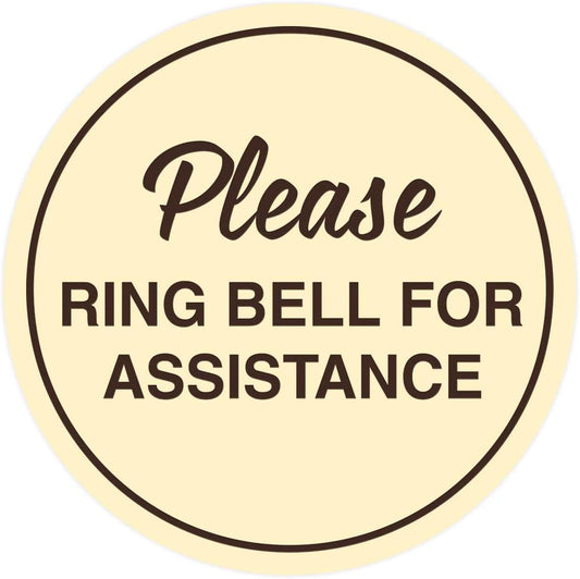 Signs ByLITA Circle Please Ring Bell For Assistance Wall or Door Sign | Easy Installation | Front Desk Reception Sign (Ivory/Dark Brown) - X-large (5 Pack)