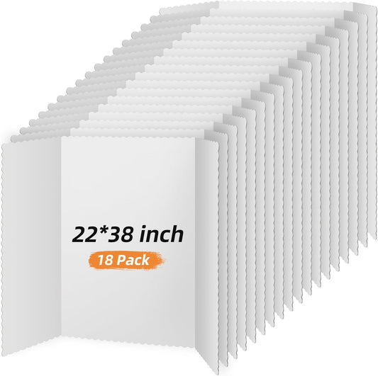 Ctosree 18 Pcs Tri Fold Poster Board Bulk, Lightweight Presentation Board, Science Fair Project Display Paperboard, Single Wall(22 x 38 Inch,White)
