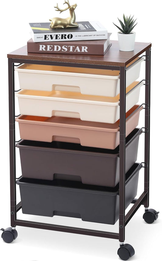 Utility Cart with 5 Drawers,Storage Drawer Cart with Wooden Tabletop and Lockable Wheels,Craft Storage Trolley Cart,5-Tier Rolling Utility Cart on Wheels,Dark Brown
