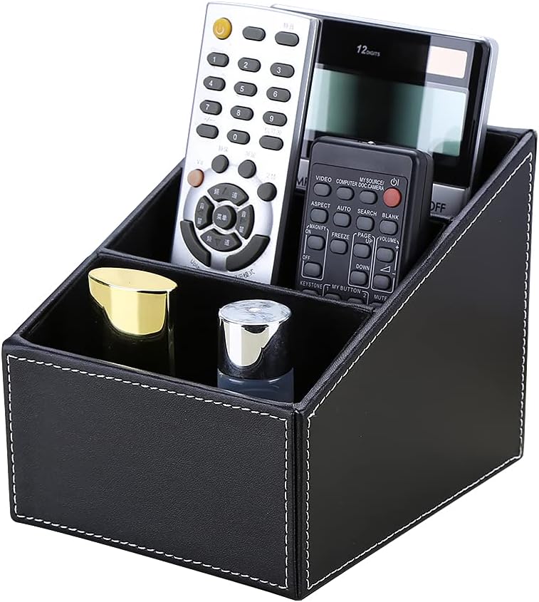 KINGFOM Remote Control Holder with 3 Compartments Pu Leather Remote Caddy Desktop Organizer Store Brush, Pencil, TV Guide, DVD, CD, Blu-Ray, Media Player, Heater Controllers(Black)