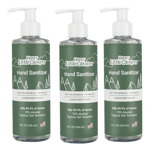 Happy Little Camper Hand Sanitizer with Lemon Zest Scent - Moisturizing Gel with Vitamin E & Antimicrobial Formula- Contains 70% Ethyl Alcohol - Travel Size, Made in USA - 3x 8oz bottles