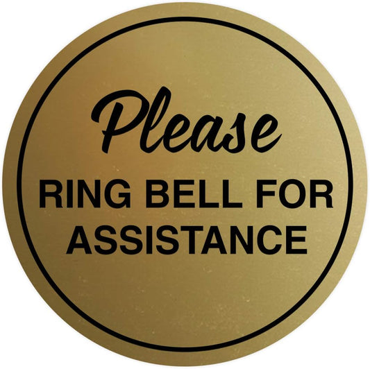 Signs ByLITA Circle Please Ring Bell For Assistance Wall or Door Sign | Easy Installation | Front Desk Reception Sign (Brushed Gold) - Large (1 Pack)