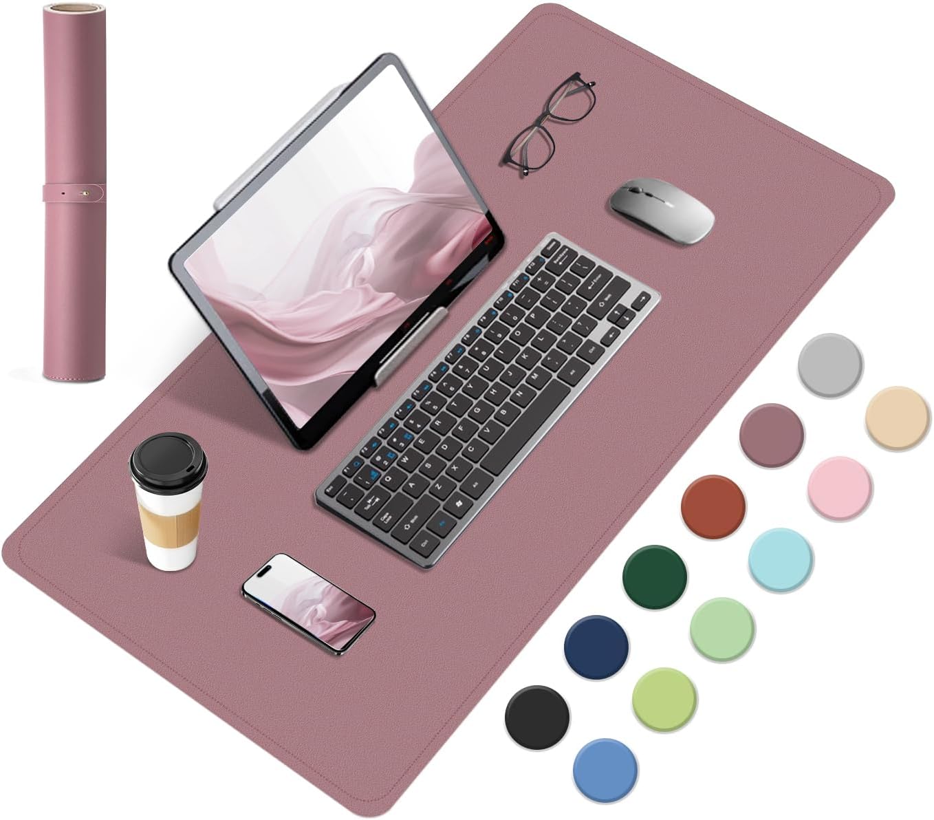 Dual-Sided Desk Pad, Natural Cork & PU Leather Mouse Pad for Desk, Desk Pad Protector, Non-Slip Desk Mat for Office and Home Work, (Purple Pink, 23.6" x 13.7")