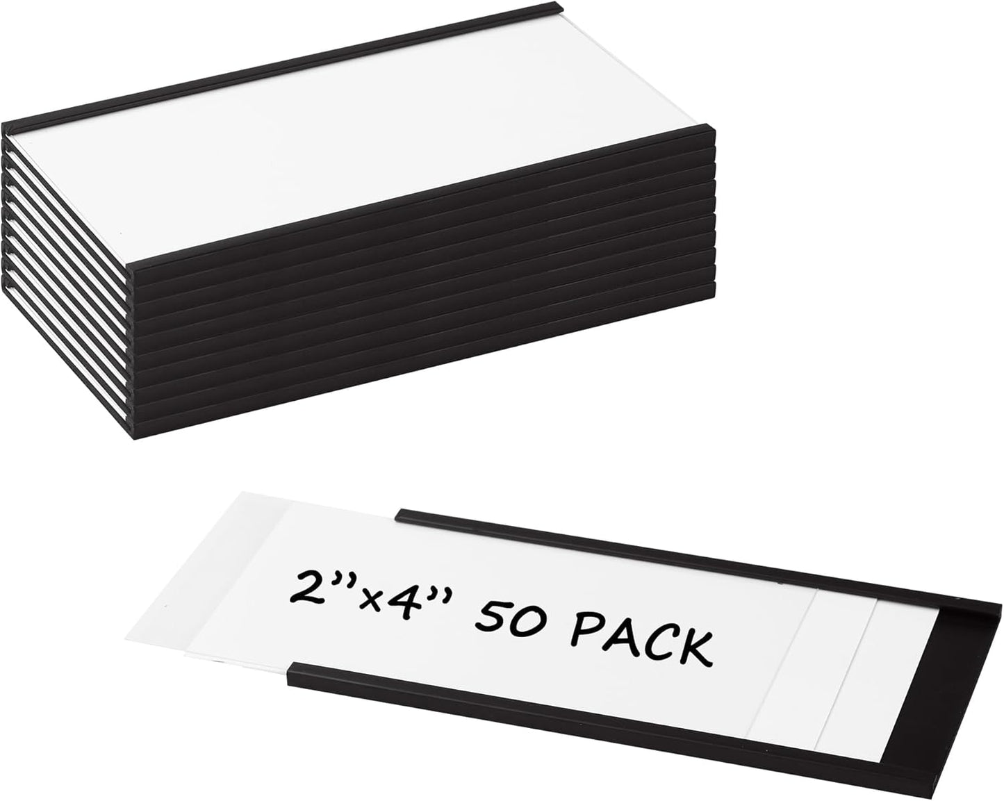 Realth C Channel Magnetic Label Holders 50 Pack 2'' x 4'' with Paper Inserts and Clear Plastic Protectors, Magnetic Data Card Holders File Cabinet Labels for Metal Racks and Shelves
