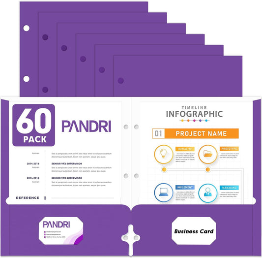 Two Pocket Portfolio Folders, PANDRI 60 Pack 3 Hole Punched 2 Pocket Folders for 3 Ring Binder, Letter Size Paper File Folder for School Office Home Business, Purple