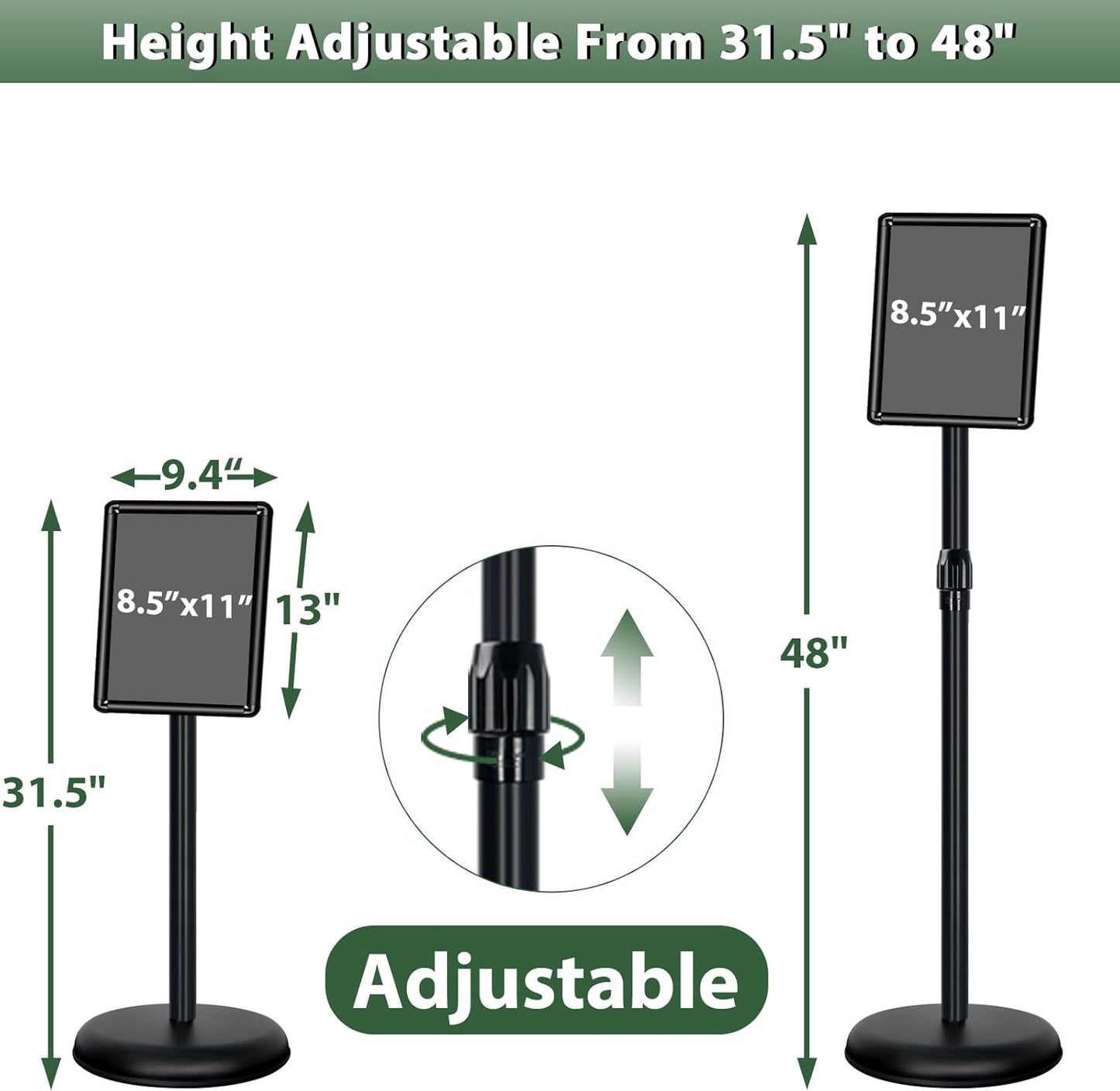 Poster Stand Holder Adjustable Pedestal Floor Standing Sign Holder Vertical and Horizontal View Sign Display, Aluminum Snap Open Frame with Safety Corner (2P-Black-8.5x11)