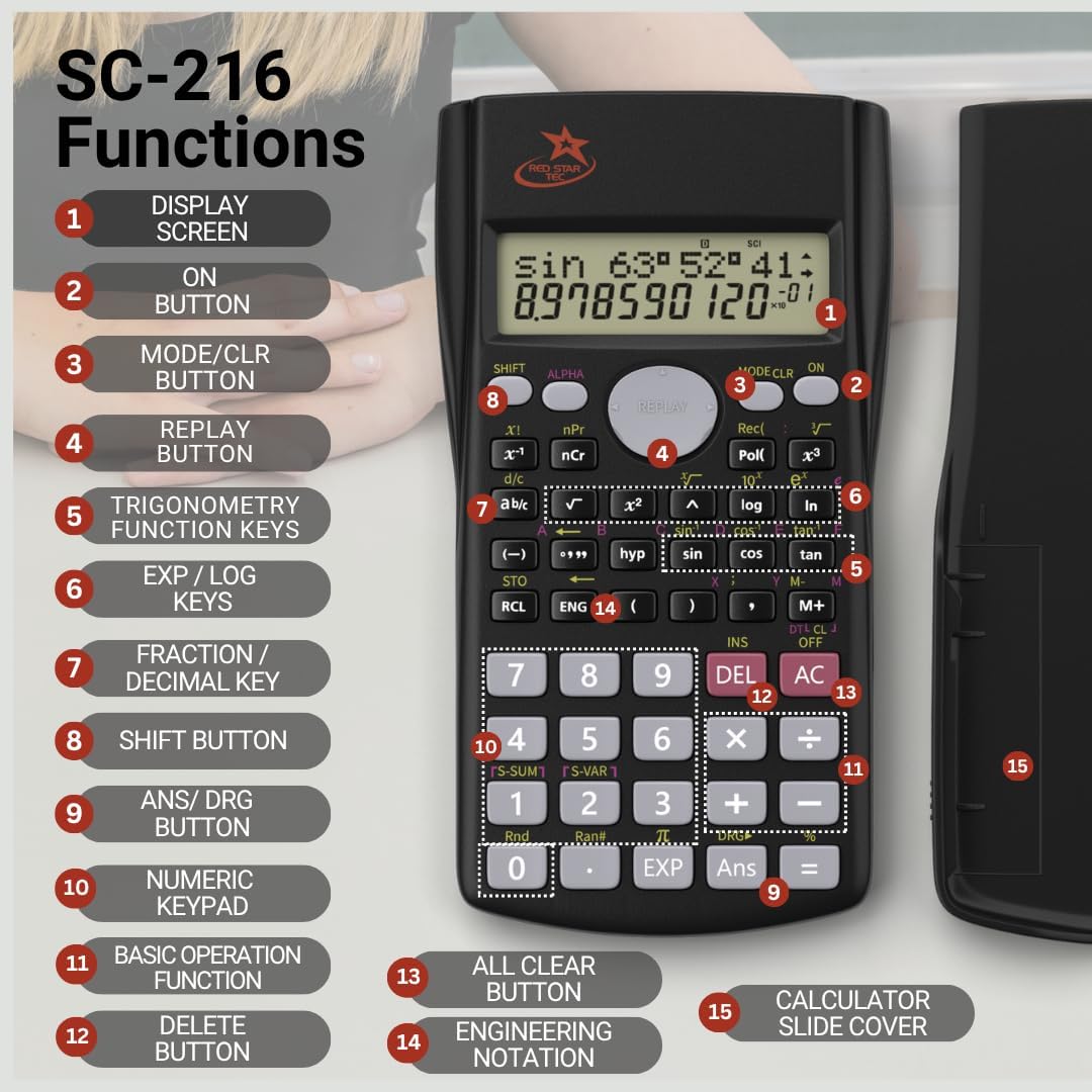 SC 216 Non Graphing Scientific Calculator for School by Red Star Tec (2 Pack Bundle)