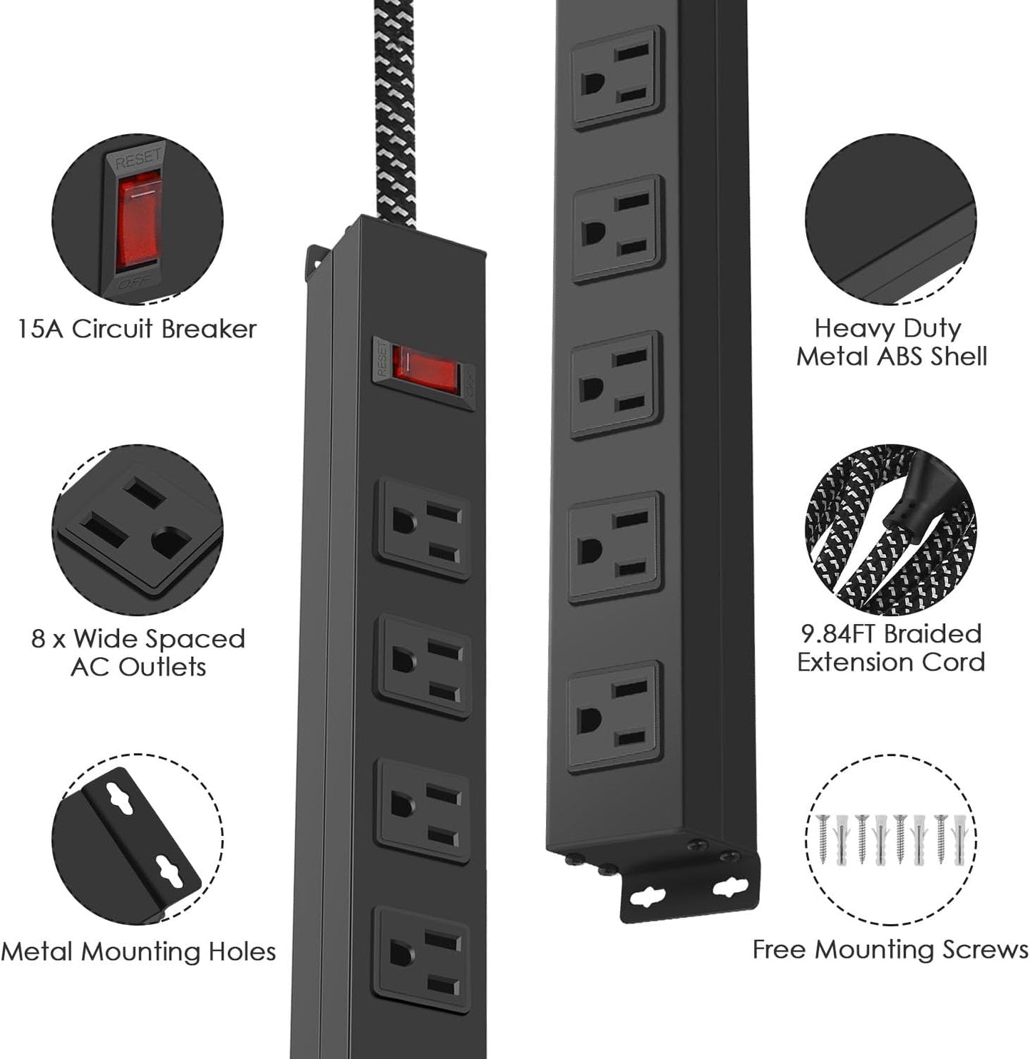 Metal 8 Outlet Mountable Power Strip with Switch,Wide Spaced Heavy Duty Wall Mount Power Strip Surge Protector 1200J,10FT 14AWG Braided Cord 15A 125V 1875W for Home Office Industrial Garage Commercial
