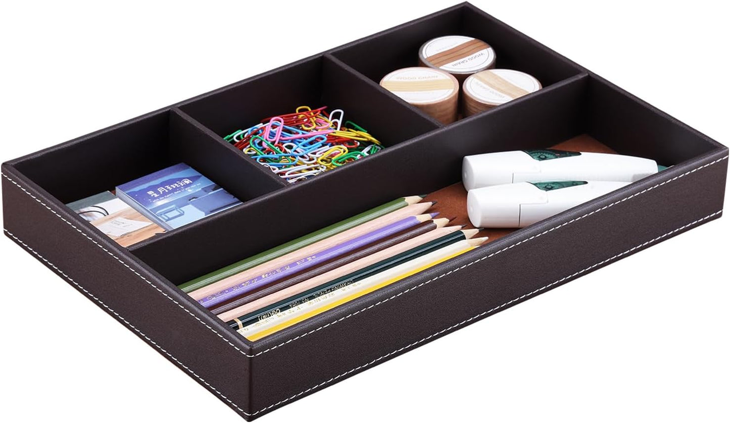 KINGFOM Pu Leather Desk Organizer Tray, 4 Compartment Office Storage Supplies Stationery Drawer Tray, Nightstand Bedside Tray for Key, Wallet, Watch, Coin, Phone Valet Tray Stackable