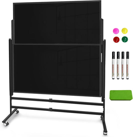 72x60 Inch Large Rolling Chalkboard | Height Adjustable Double-Sided Magnetic Blackboard on Wheels | for Classroom, Home & Office Use