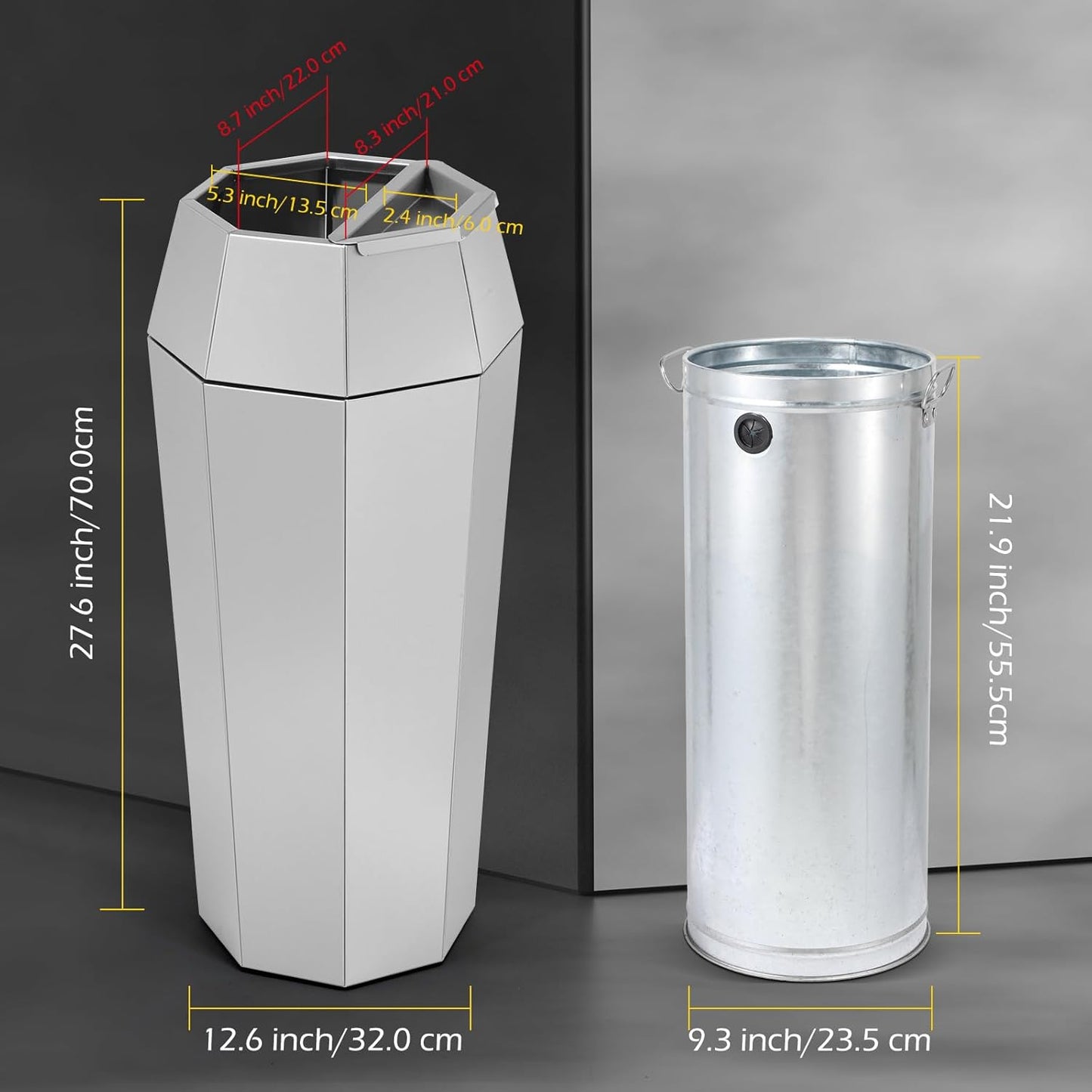 Dyna-Living Commercial Heavy-Duty Trash Cans Outdoor Garbage Can with Lid Large Trash Cans with Inside Cabinet for Patio, Silver Stainless Steel Garbage Can Commercial Indoor Trash Bin for Lobby