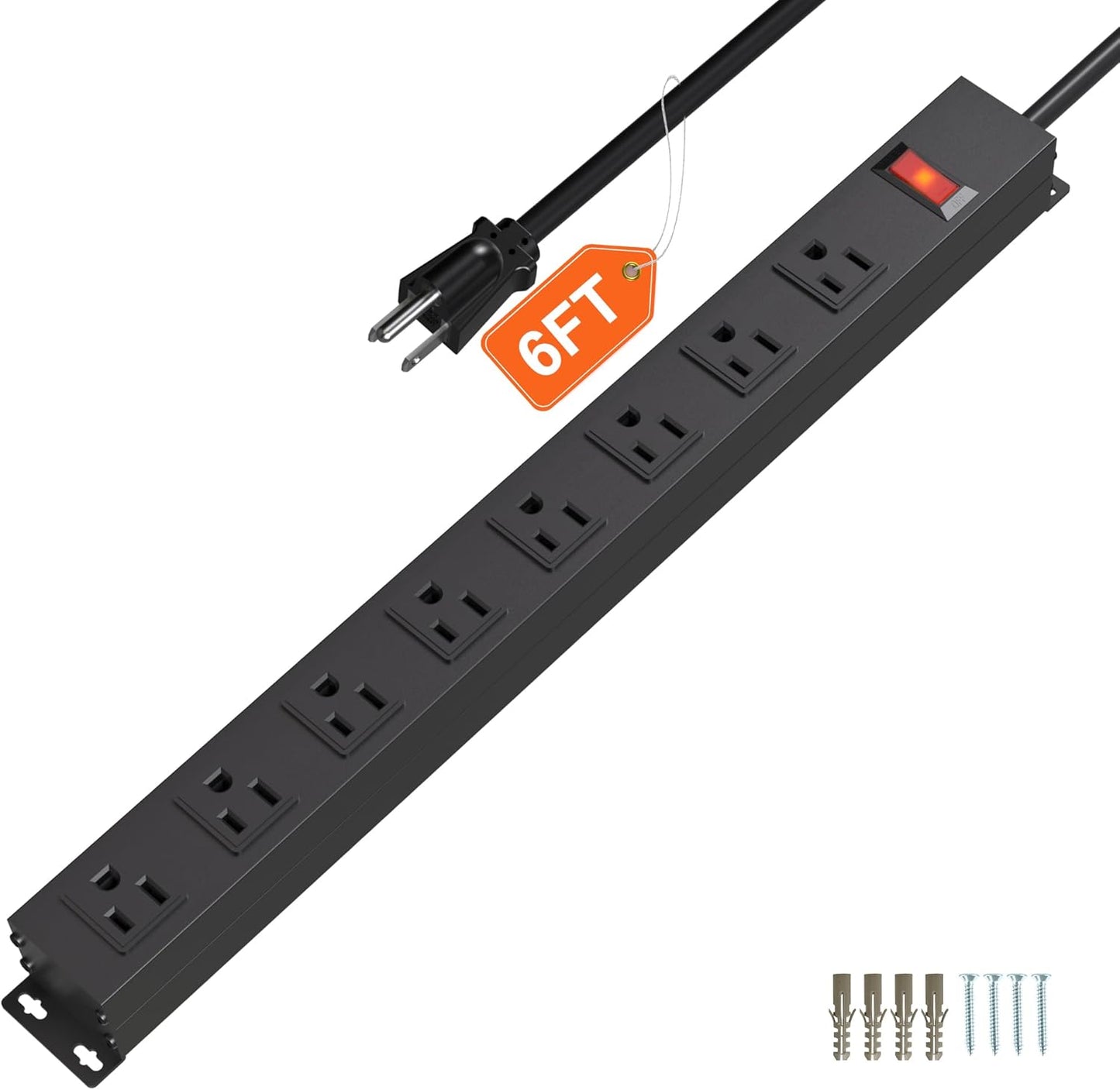 8 Outlet Metal Power Strip,6FT Long Extension Cord Heavy Duty Power Strip for Kitchen,Office,School,Commercial,Workshop,Industrial ETL Certified and Listed Socket,1825W/125V/15A,Black(6FT)