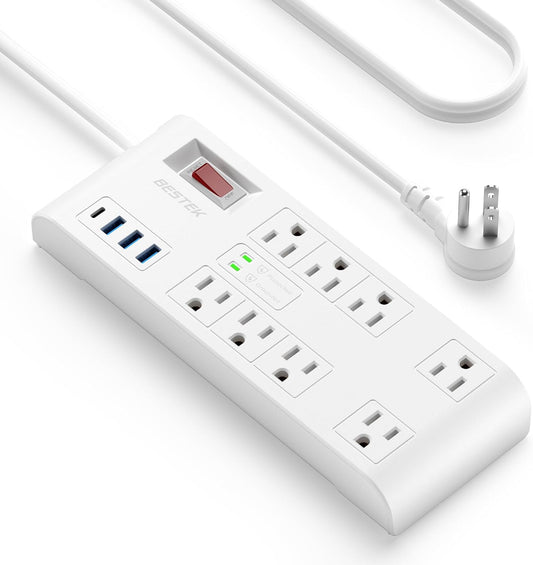 BESTEK 4,000 Joules Surge Protector with USB, Power Strips with 8 AC Outlet, 3 USB-A 2.4A 1USB-C 3A, MAX Output 1625W 13A, Long 5 Feet Heavy Duty Extension Cords 7 White