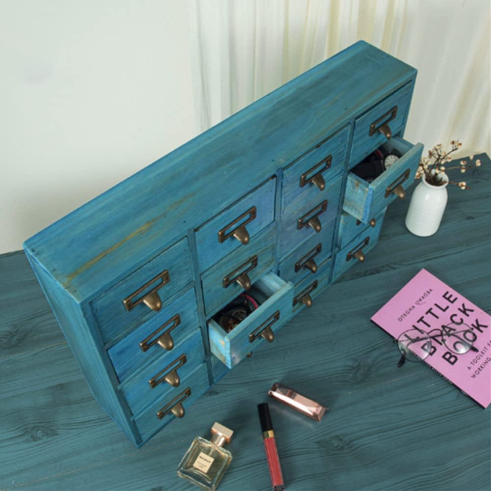 16 Drawers Apothecary Cabinet with Drawers Tabletop Apothecary Chests and Cabinets Library Card Catalog Cabinet Herb Storage Box Wooden Desk Drawer Organizer Medicine Vintage Furniture (BLUE)