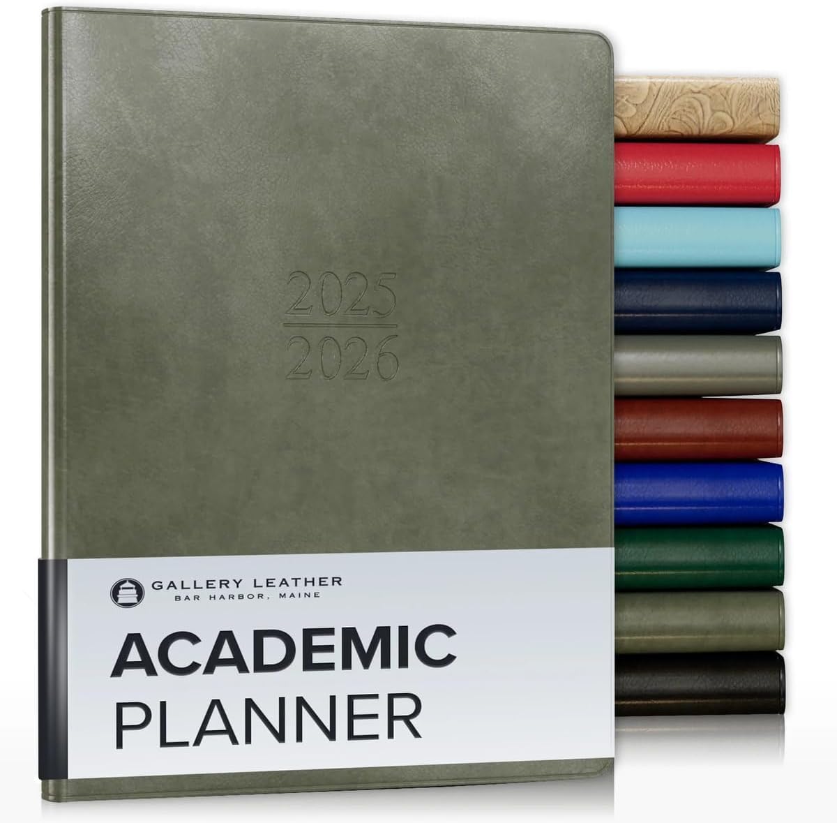 Gallery Leather Academic Planner 2025-2026, Teacher and Student Weekly Monthly Planner, Elegantly Bound Calendar with Gold-Gilded Page Edges, 18 Months - Acadia Cactus - 9x7"