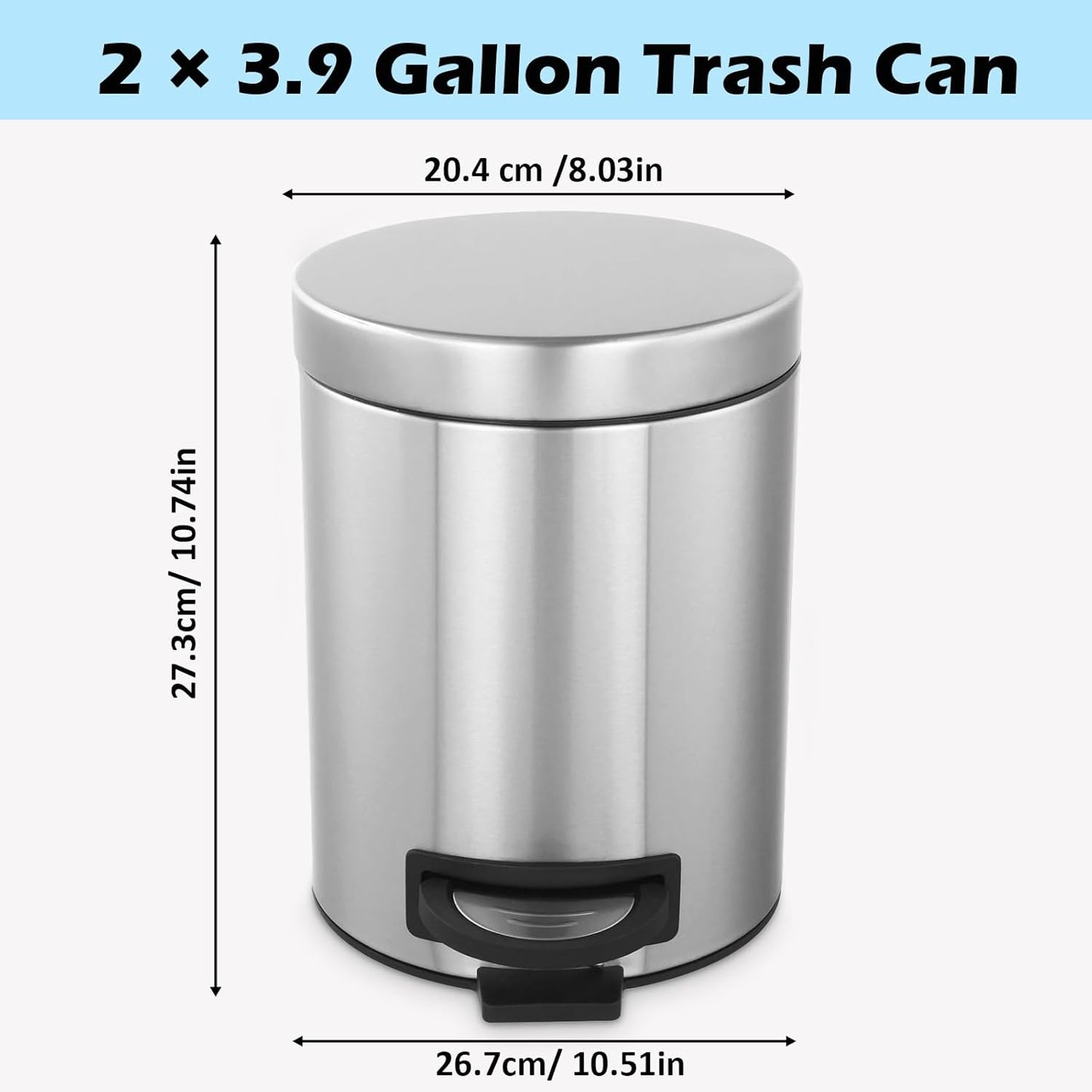 Kitchen Trash Can with Lid, 2 Pack 5 Liter/1.3 Gallon Stainless Steel Trash Can, Oval Step Garbage Can, Soft Close Trash Bin for Bathroom Home Office