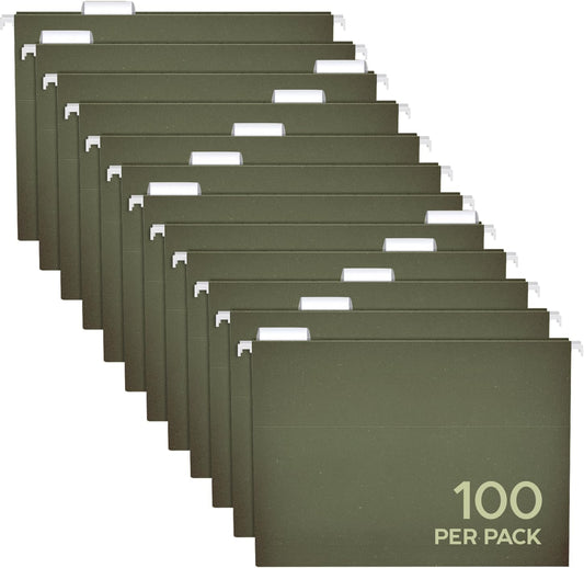 Pendaflex Hanging File Folders Letter Size - 100 Pack - 1/5 Cut Adjustable Tabs - Green Bulk File Folders with Tabs 8.5 X 11 Inches