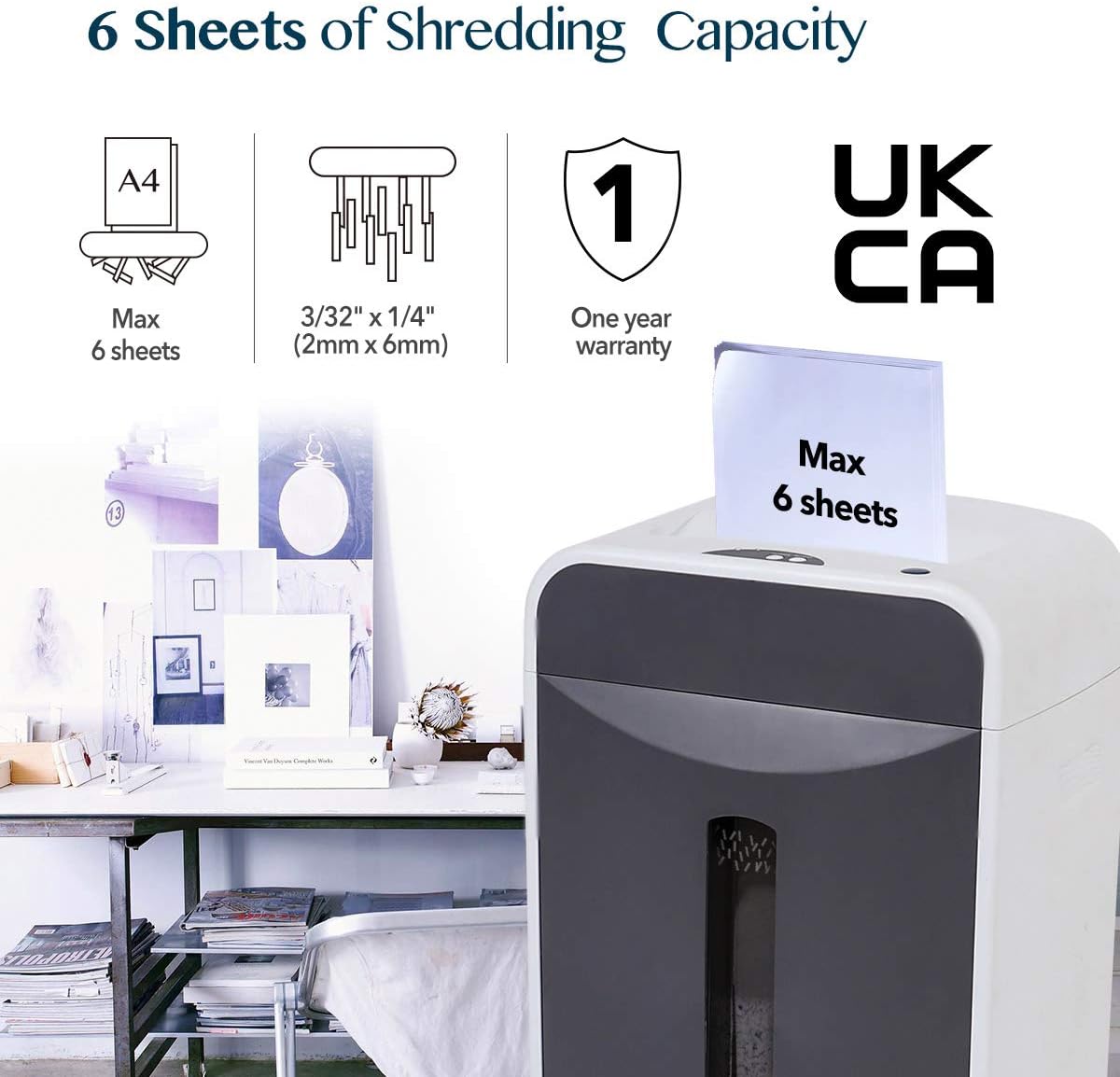 WOLVERINE 6-Sheet 2x6mm Super Micro Cut High Security Level P-5 Ultra Quiet Paper/Credit Card Shredder for Home Office by Manganese-Steel Cutter and 5 Gallons Pullout Waste Bin SD9610