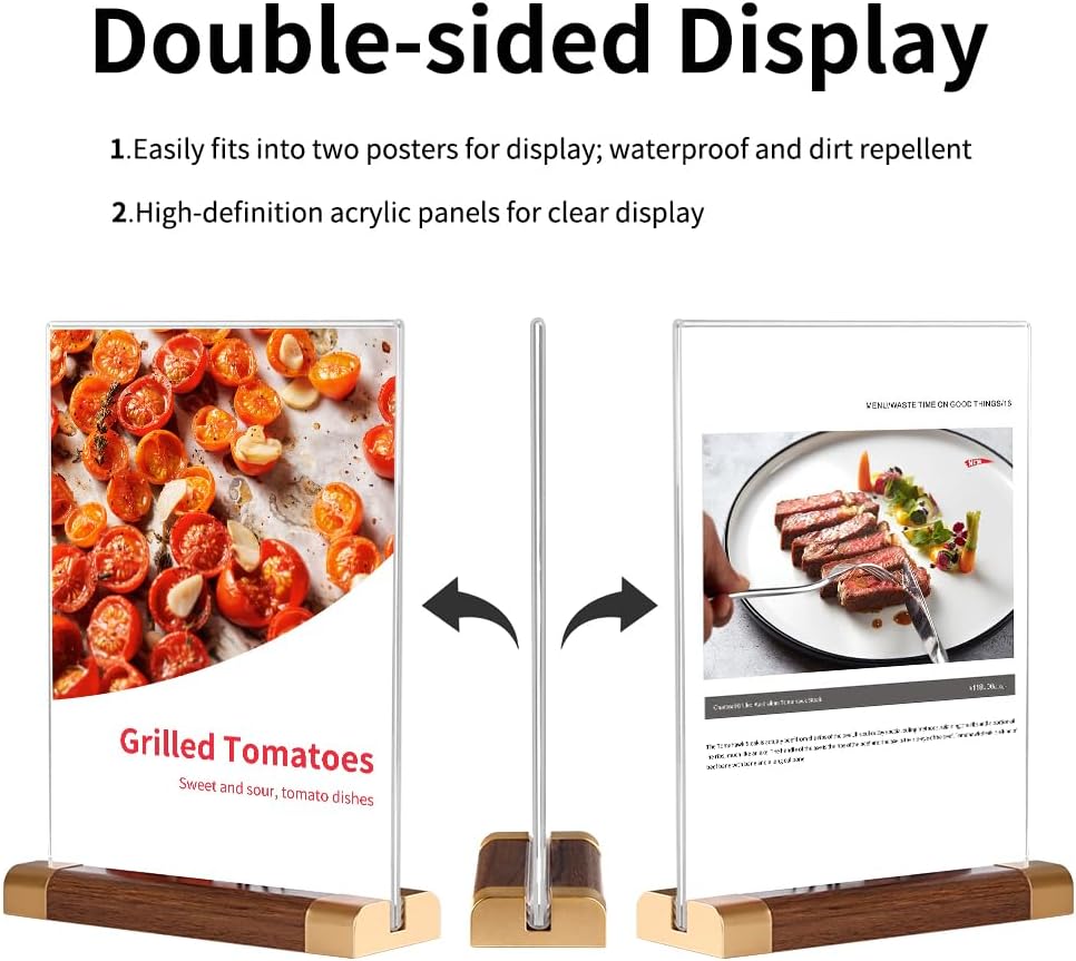 Acrylic Sign Holder 5" x 7" with Wood-Color Base, Tabletop Double-Sided Display Sign Frame Vertical Clear for Store/Coffee Shop/Restaurant Menu Hotel Display Board, 3 Pack T Shape