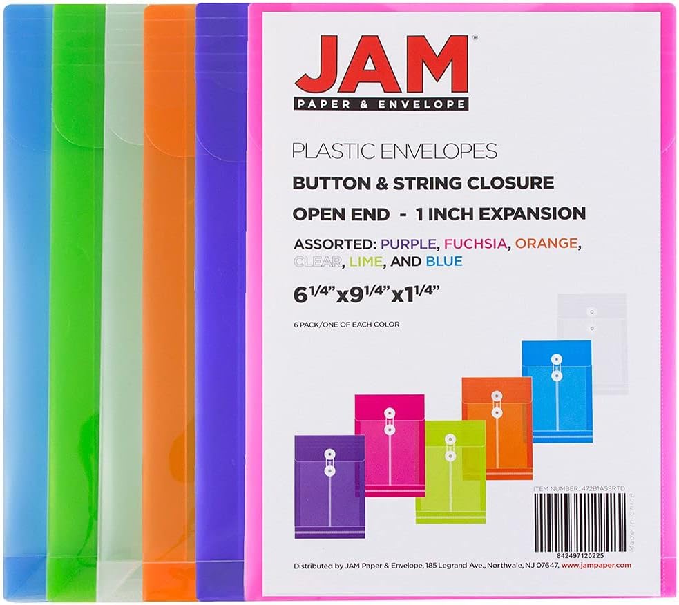 JAM PAPER Plastic Envelopes with Button & String Tie Closure - 6 1/4 x 9 1/4 - Assorted Colors - 6/Pack