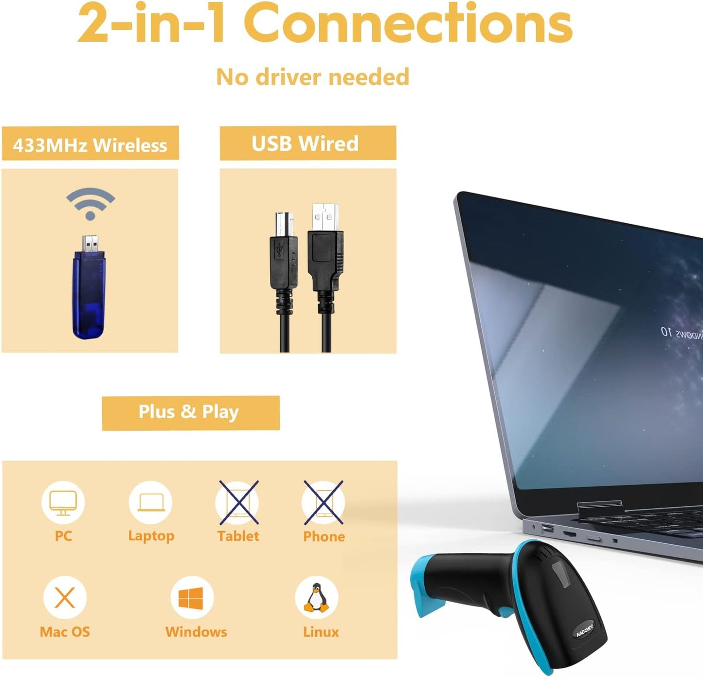 NADAMOO Wireless Barcode Scanner 328 Feet Transmission Distance USB Cordless 1D Laser Automatic Barcode Reader Handhold Bar Code Scanner with USB Receiver for Store, Supermarket, Warehouse - Blue