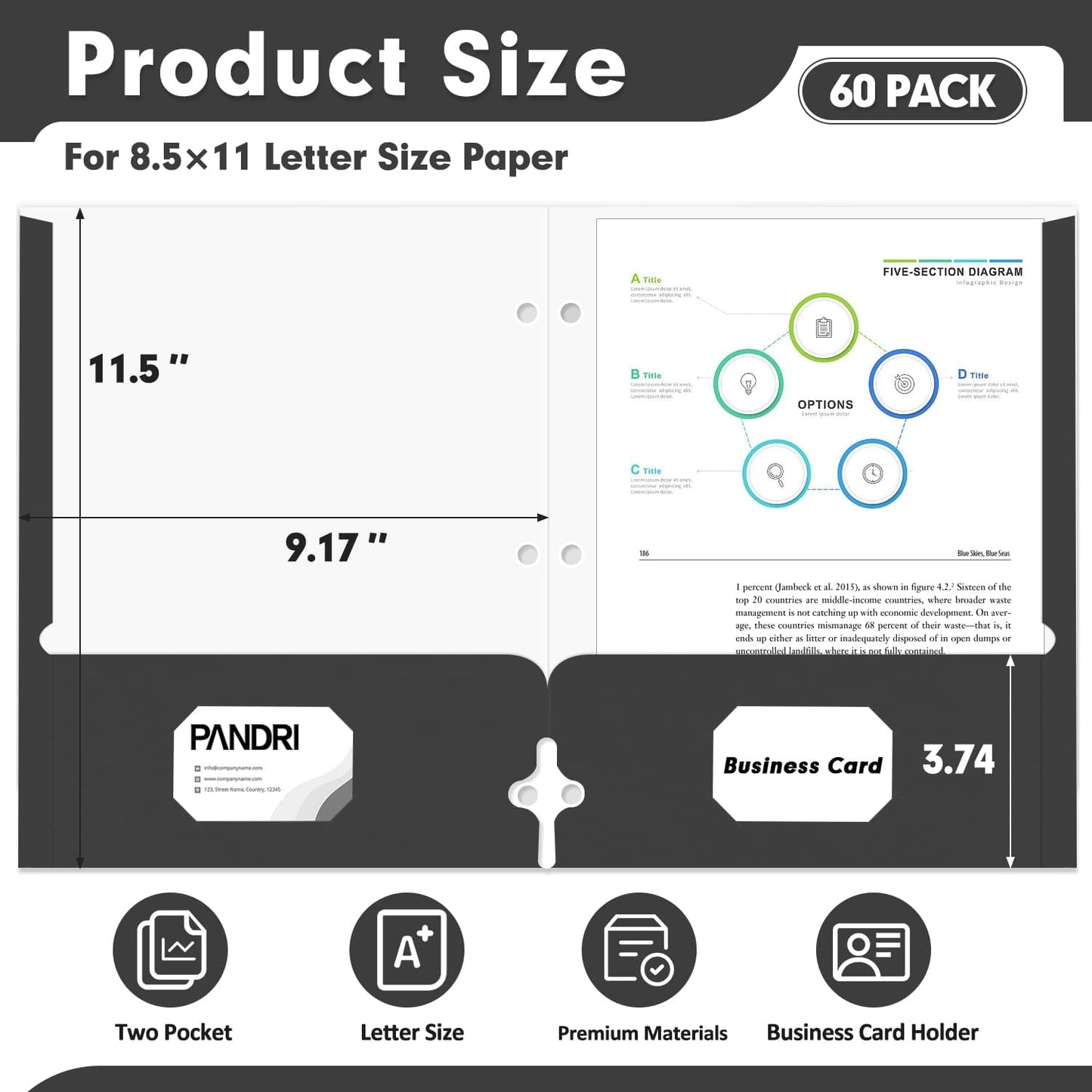 Two Pocket Portfolio Folders, PANDRI 60 Pack 3 Hole Punched 2 Pocket Folders for 3 Ring Binder, Letter Size Paper File Folder for School Office Home Business, Black