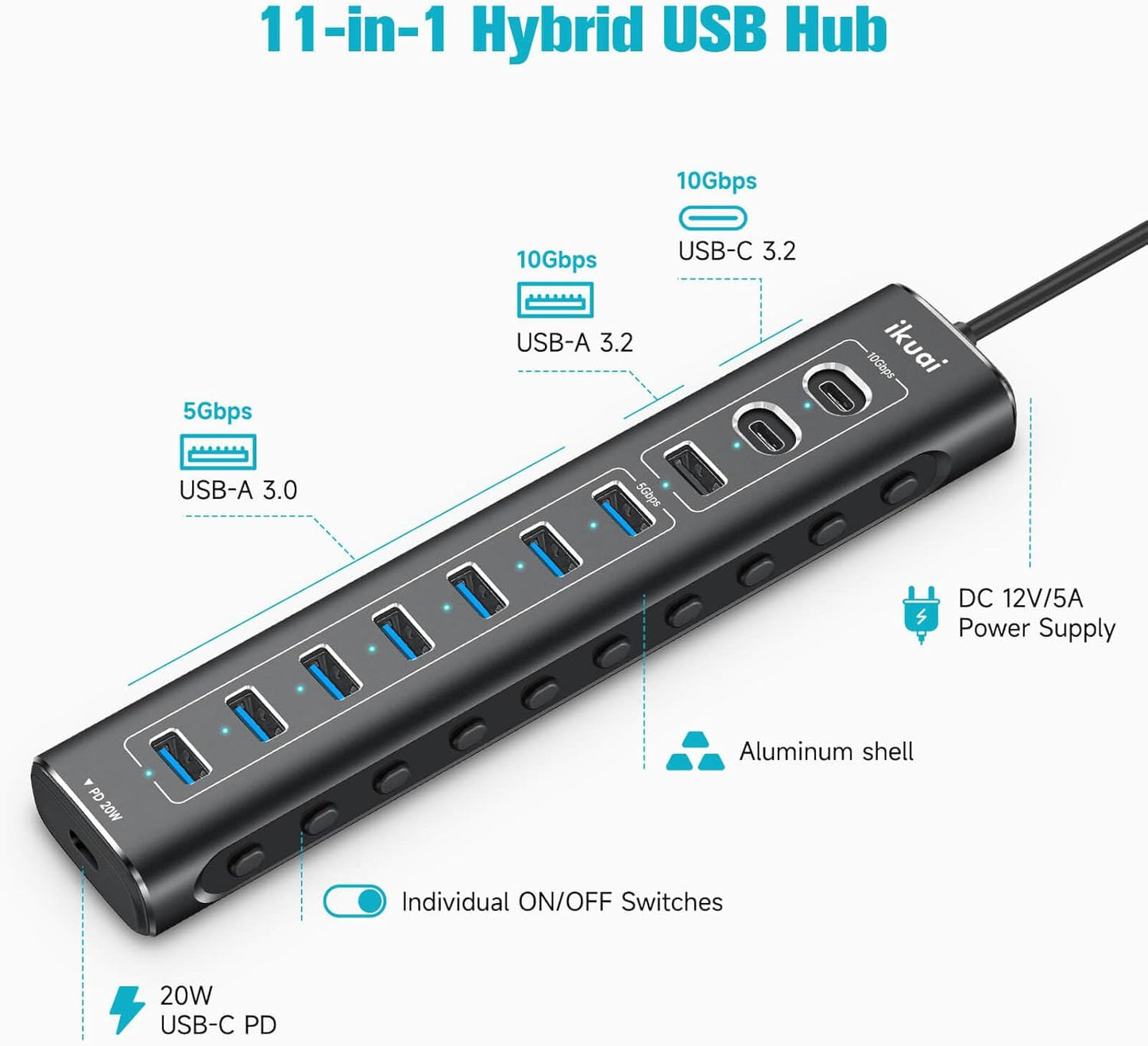 Powered USB Hub, 11-Port ikuai Hybrid USB 3.2/ USB C Hub with PD Charging Port and 60W Power Adapter, Aluminum USB Splitter Including 3 10Gbps Ports and 7 USB 3.0 Ports for PC, Laptop and More