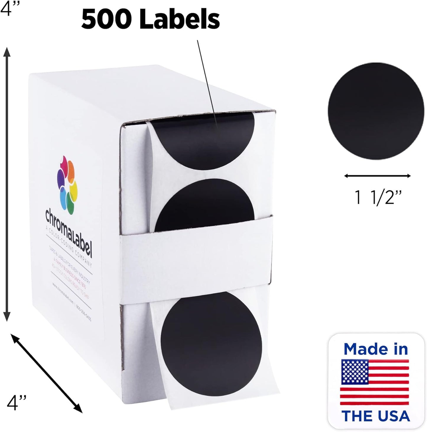 ChromaLabel 1.50 Inch Round Label Permanent Color Code Dot Stickers, 500 Labels per Dispenser Box, Black