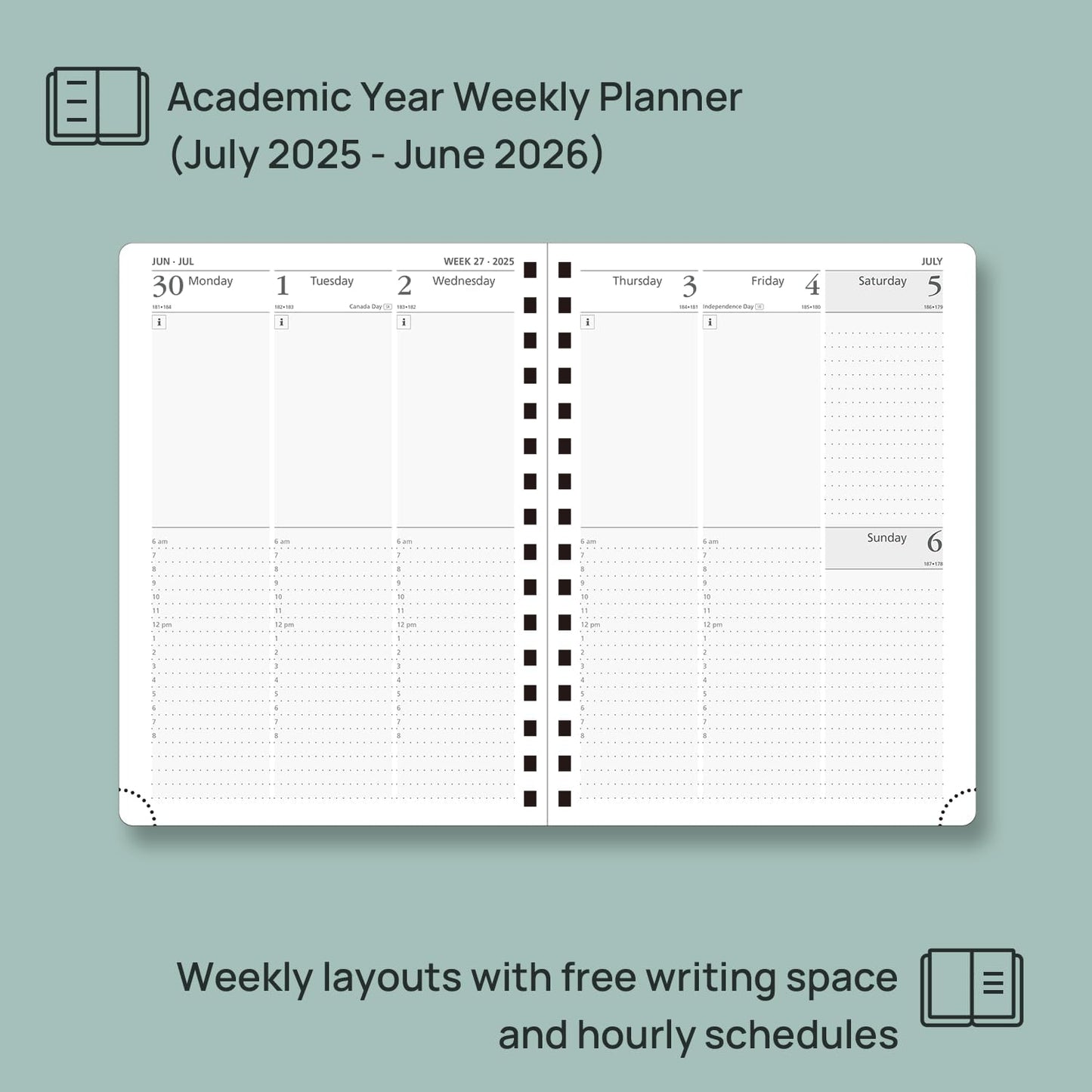 POPRUN Academic Planner 2025-2026 (July 2025-June 2026), Daily Weekly and Monthly Appointment Book (Wirebound Hard Cover - 6.25'' x 8.5'') with Hourly Time Slots, Tabs, 100 GSM - Midnight Green