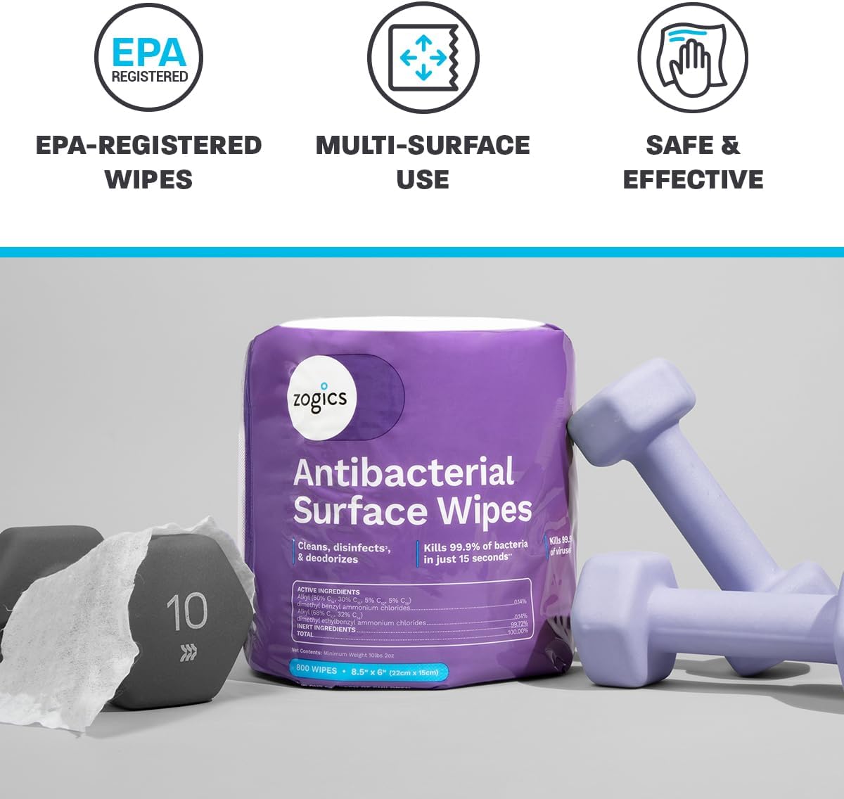 Zogics Antibacterial Wipes – Disinfecting Wipes for Sanitizing and Cleaning Surfaces and Equipment, EPA Registered Antibacterial Cleaning Wipes (3,200 Count – 4 Rolls of 800 Wipes)