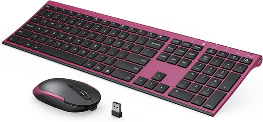 Wireless Keyboard and Mouse, Vssoplor 2.4GHz Rechargeable Compact Quiet Full-Size Keyboard and Mouse Combo with Nano USB Receiver for Windows, Laptop, PC, Notebook-Black and Wine Red