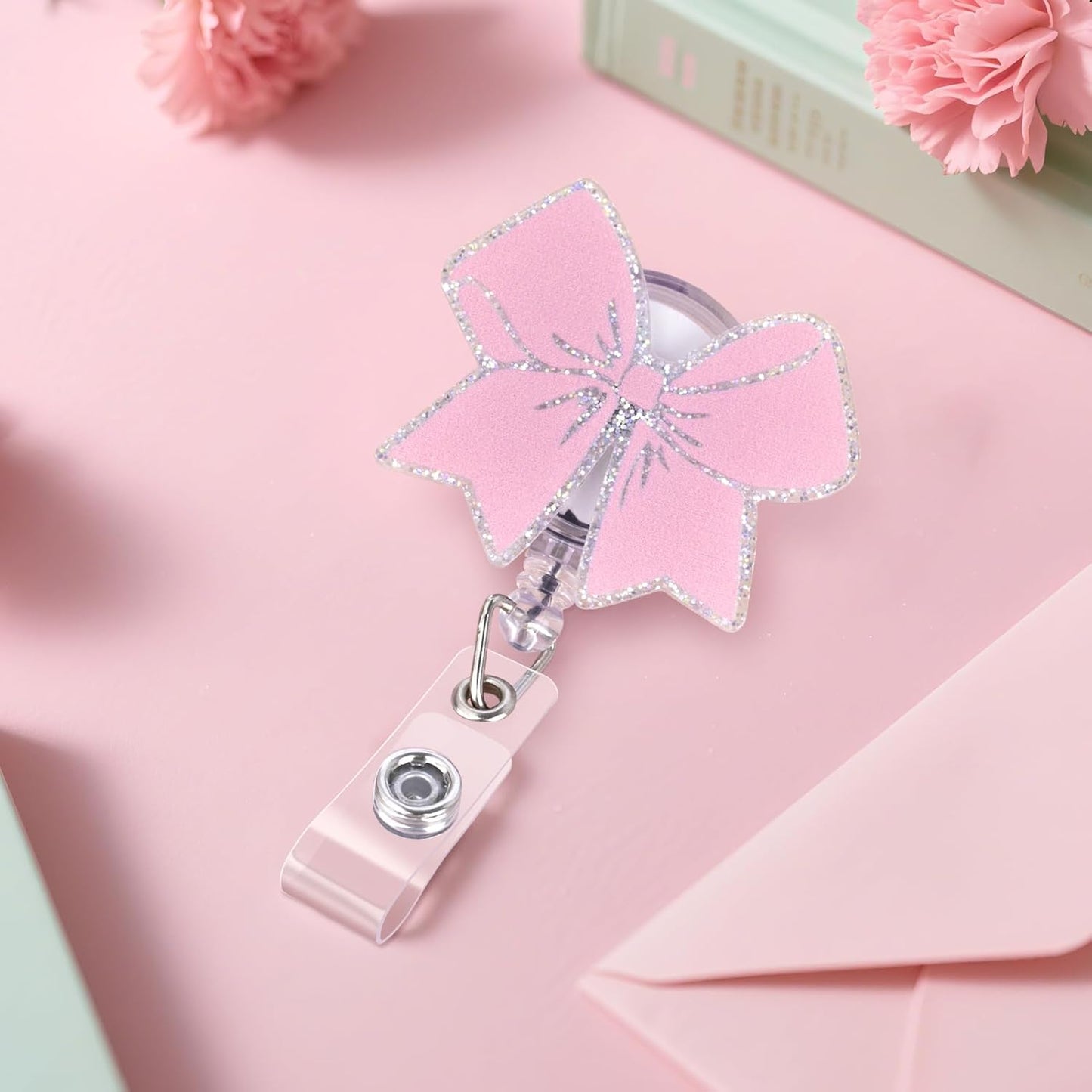 Cute Badge Reel, Pink Bow Badge Holder, Nurse Name Badge Reel with Retractable Clip, Medical Worker ID Card Holders, Pediatric Nursing Accessories for Nurse Doctor Student Teacher Office