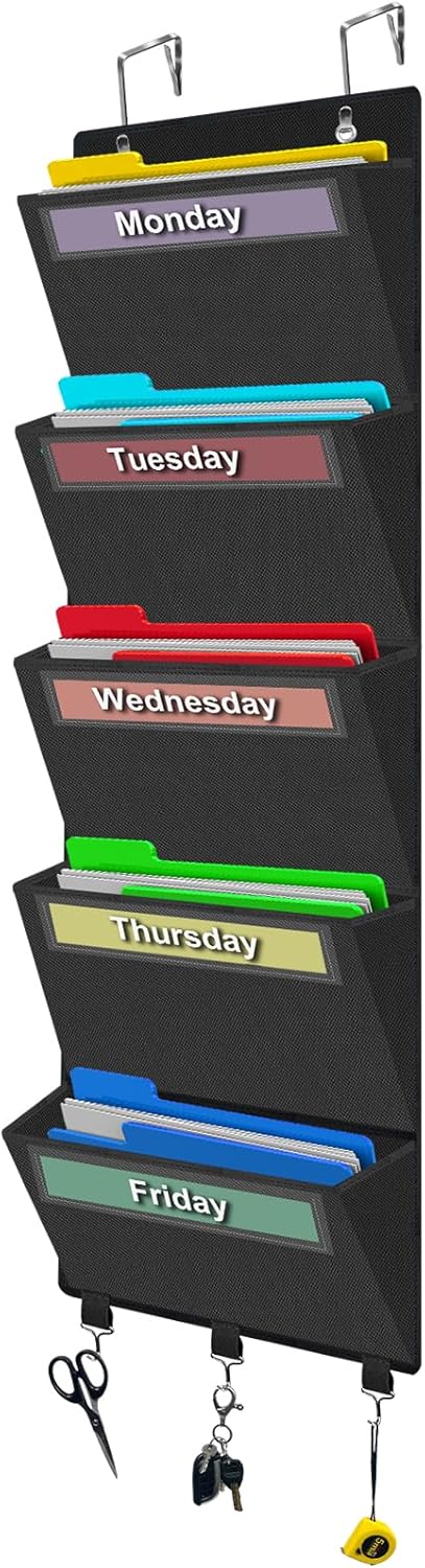 Weekly Over the Door File Organizer, Hanging File Folders Wall Organizer with 5 Large Pockets for Papers, Charts, Mails, Magazine, Office and Back To School Supplies Storage and Organization (Black)