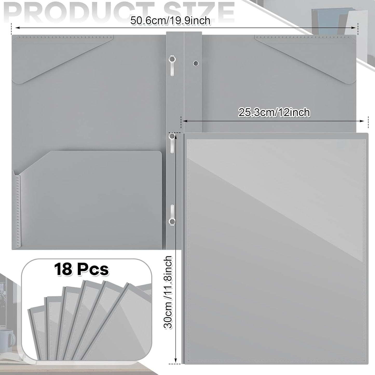 Henoyso 18 Pcs Plastic Folder with Clear Front Pocket and 3 Prong Plastic Folders with Card Slot Pocket Folders with Prongs for School Office (Gray)