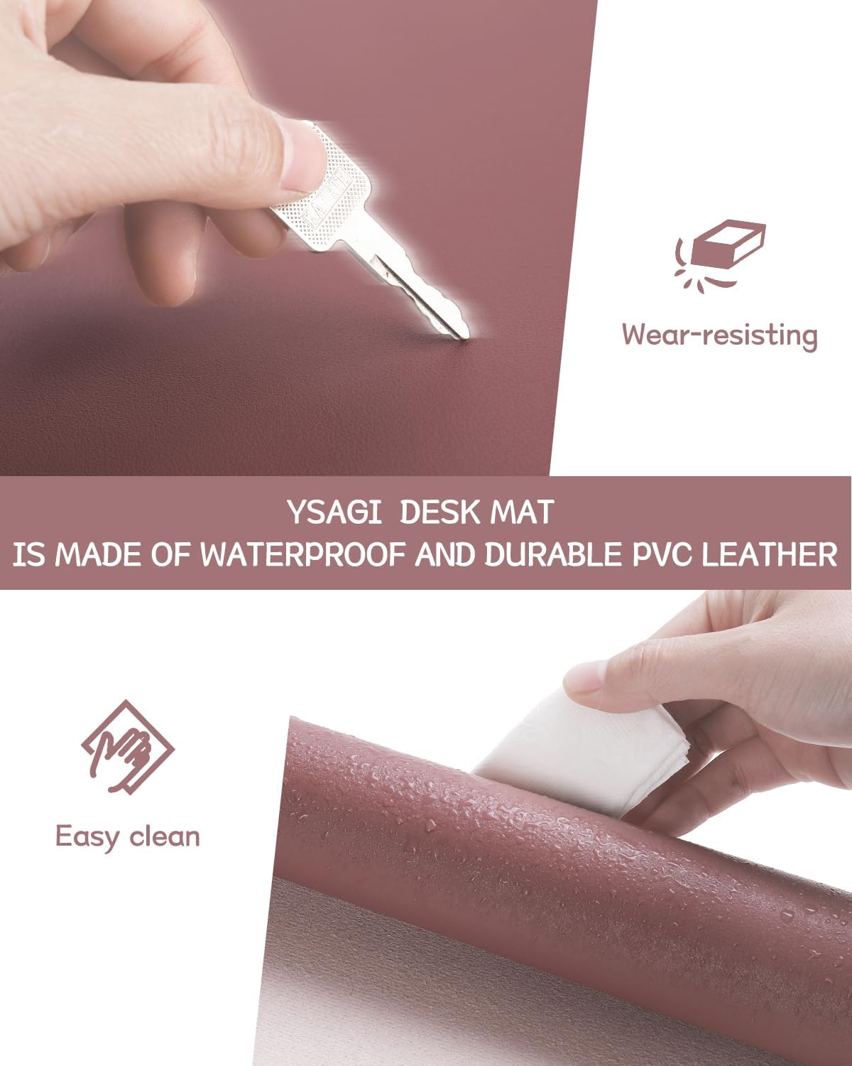 YSAGi Non-Slip Leather Desk Pad, Waterproof Laptop Computer Desk Keyboard Mat, Table Protector Blotter Mat, Large Mouse Pad for Office/Work/Home/Decor(Dark Pink, 23.6" x 13.7")