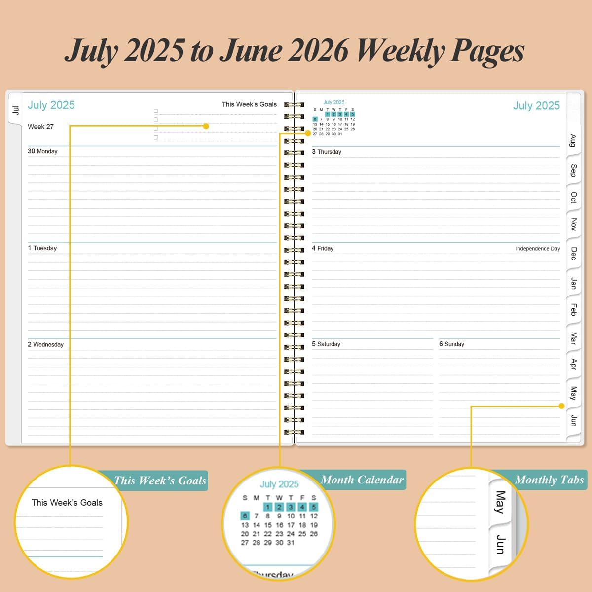 2025-2026 Planner - Academic Planner 2025-2026 from July 2025 to June 2026 with 12 Monthly Tabs, Flexible Cover, Inner Pocket, 8.5" x 11", Rose Leaf